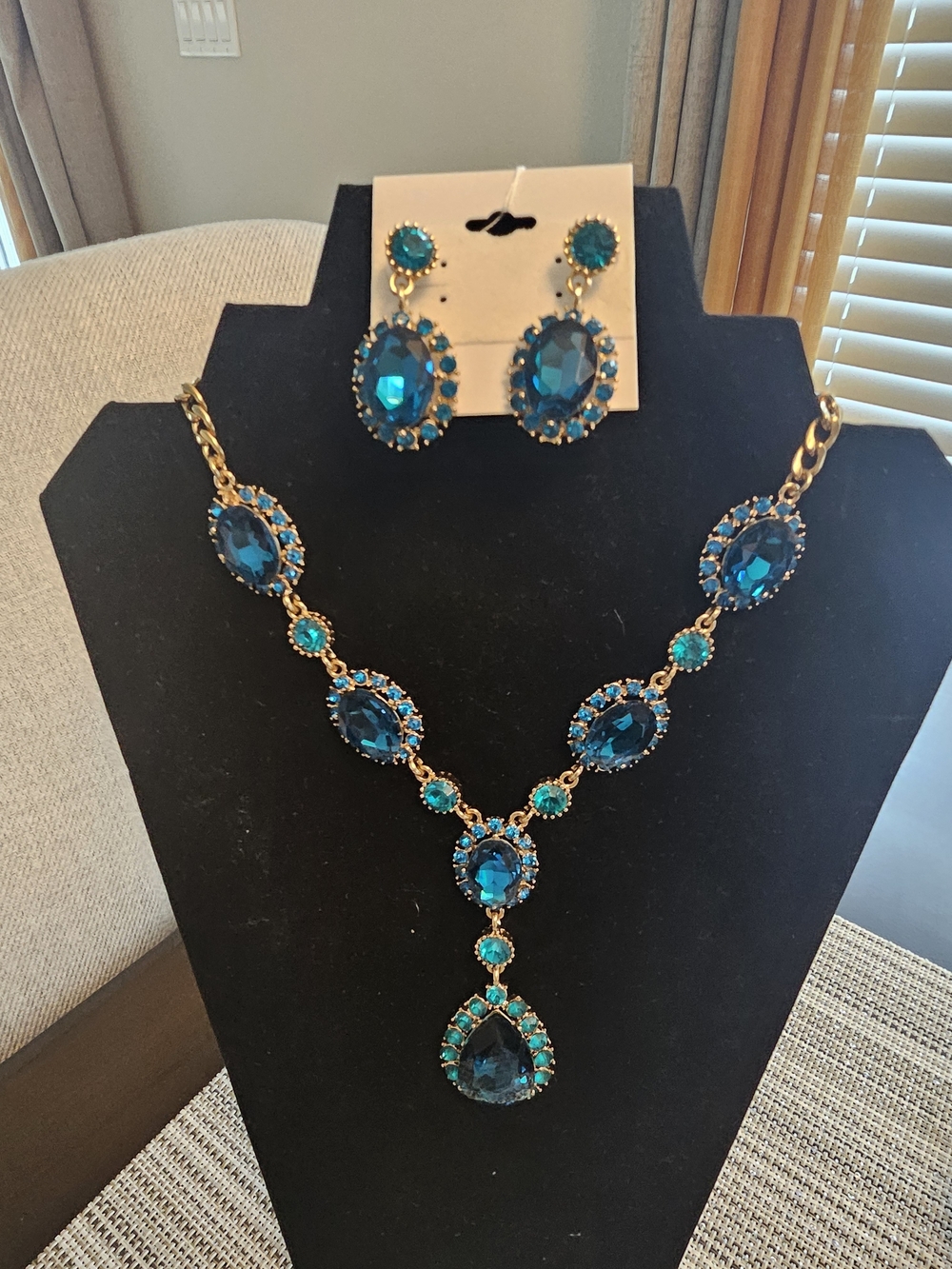 Gold-Tone Teal Crystal Statement Necklace & Earrings Set